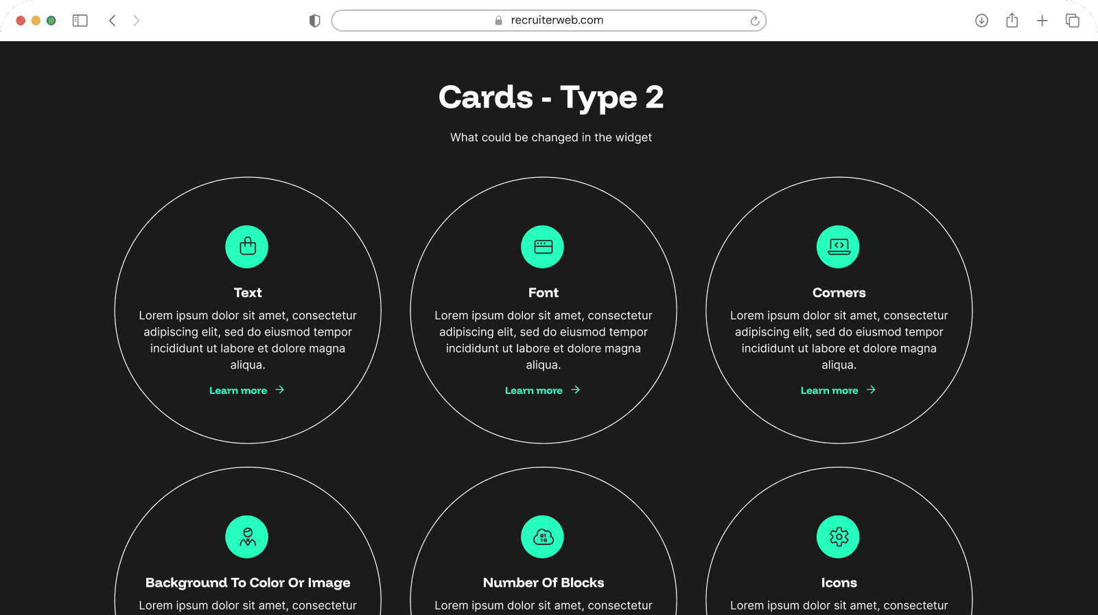"Cards - Type 2" widget shown in a browser mockup, dark teal color theme