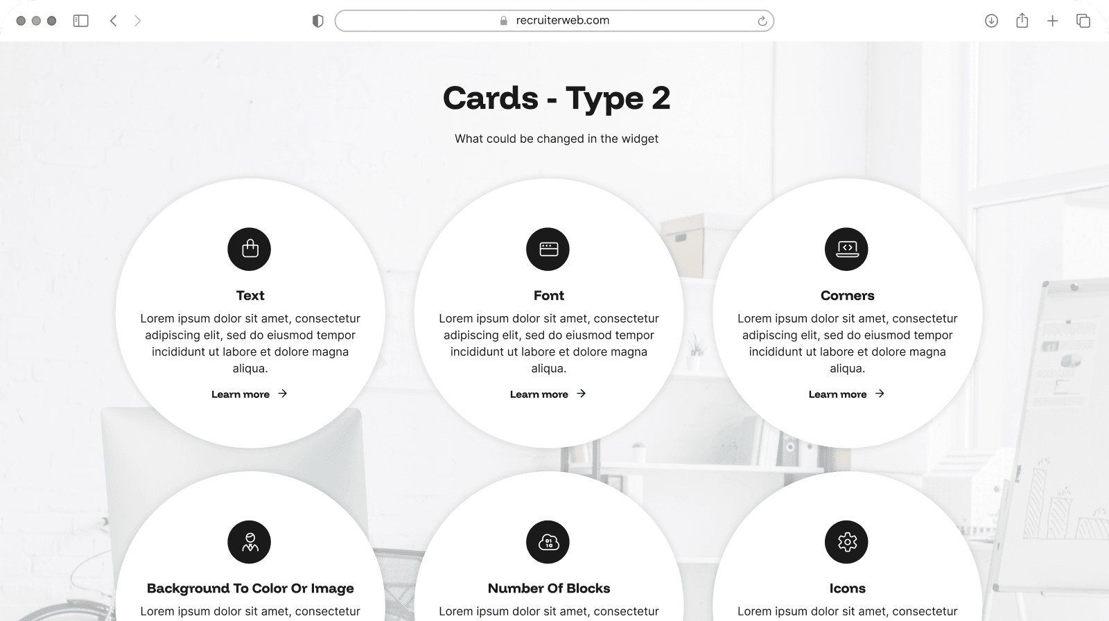 "Cards - Type 2" widget shown in a browser mockup, light gray color theme