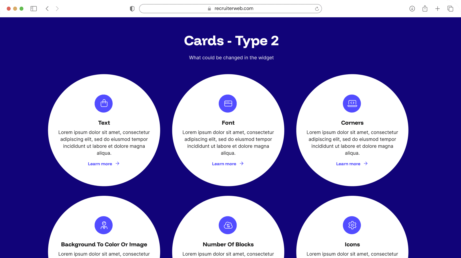 "Cards - Type 2" widget shown in a browser mockup, indigo color theme