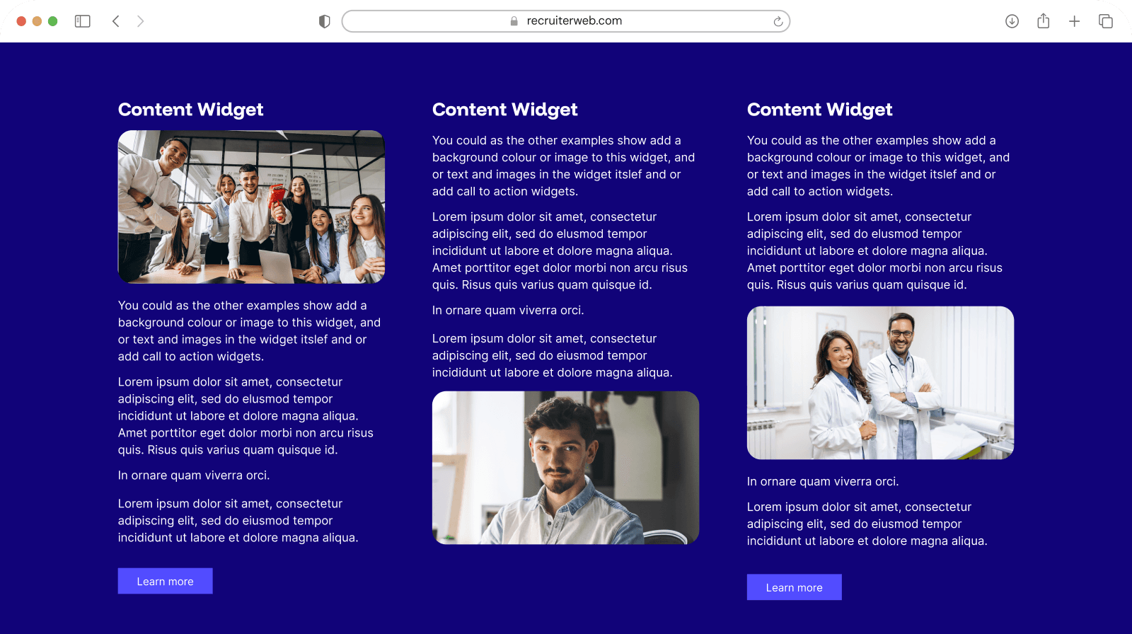 Content widget shown in a browser mockup, indigo color theme with photo cards