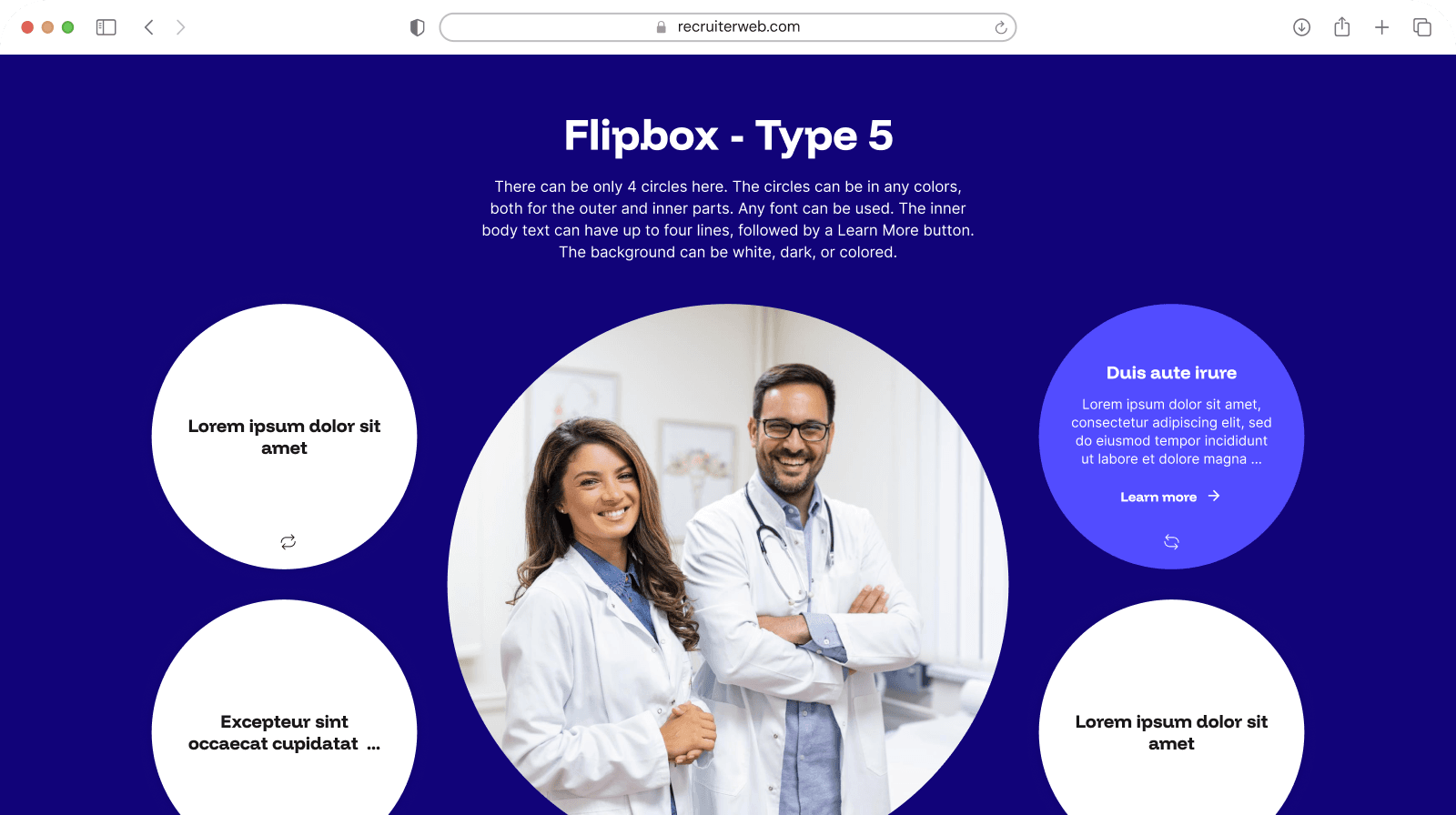 "Flipbox - Type 5" widget shown in a browser mockup, indigo color theme