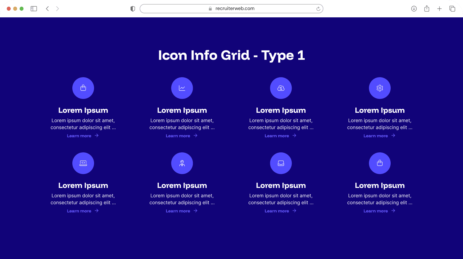 "Icon Info Grid Type 1" widget shown in a browser mockup, indigo color theme