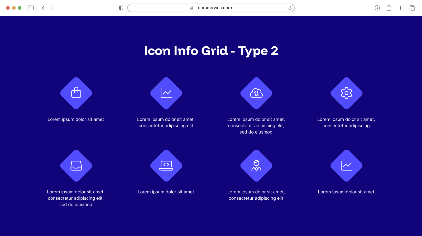 "Icon Info Grid Type 2" widget shown in a browser mockup, indigo color theme
