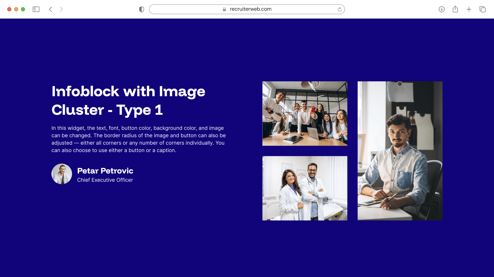 "Image Cluster - Type 1" widget shown in a browser mockup, indigo color theme