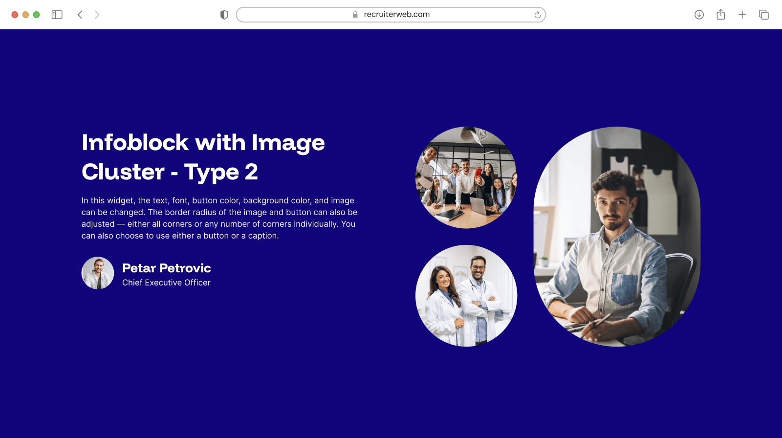 "Image Cluster - Type 2" widget shown in a browser mockup, indigo color theme