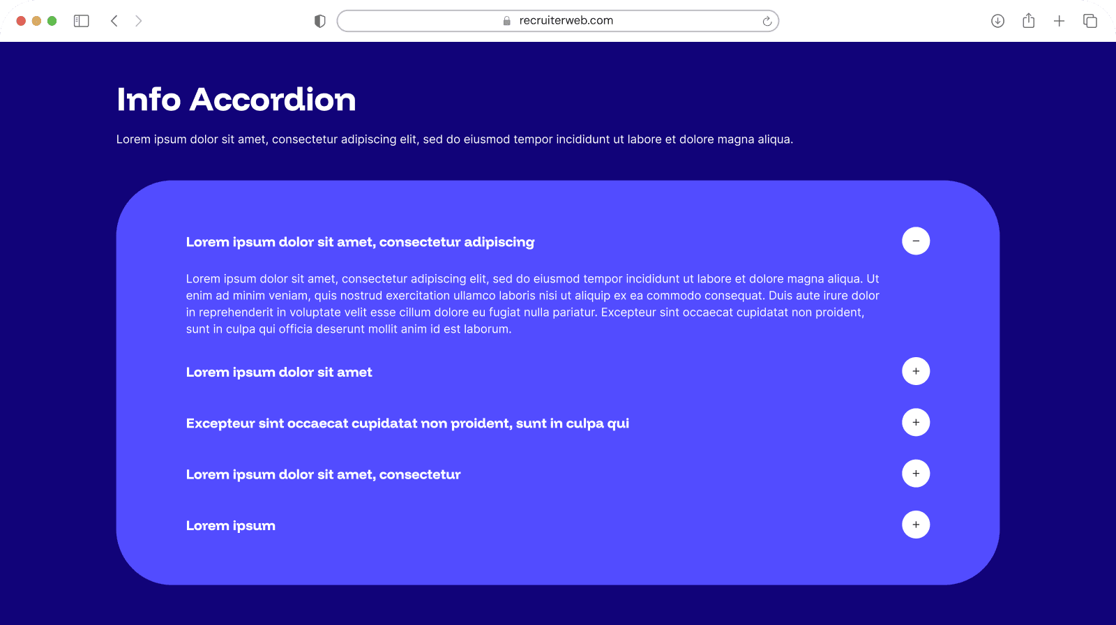 "Info Accordion" widget shown in a browser mockup, indigo color theme