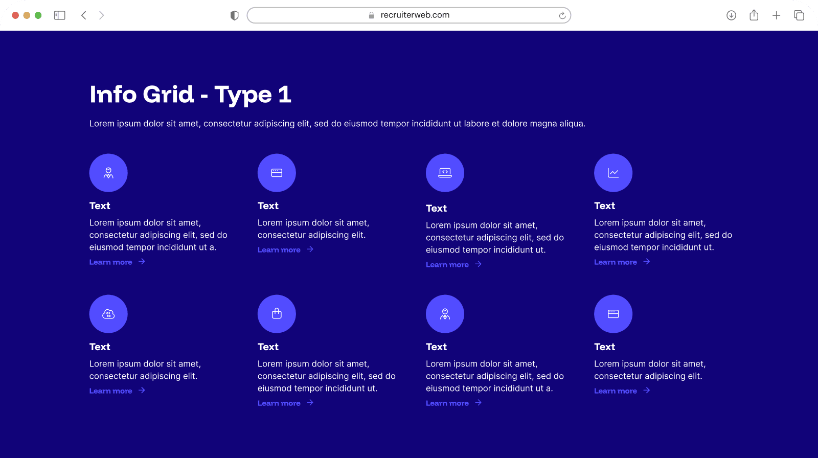 "Info Grid Type 1" widget shown in a browser mockup, indigo color theme