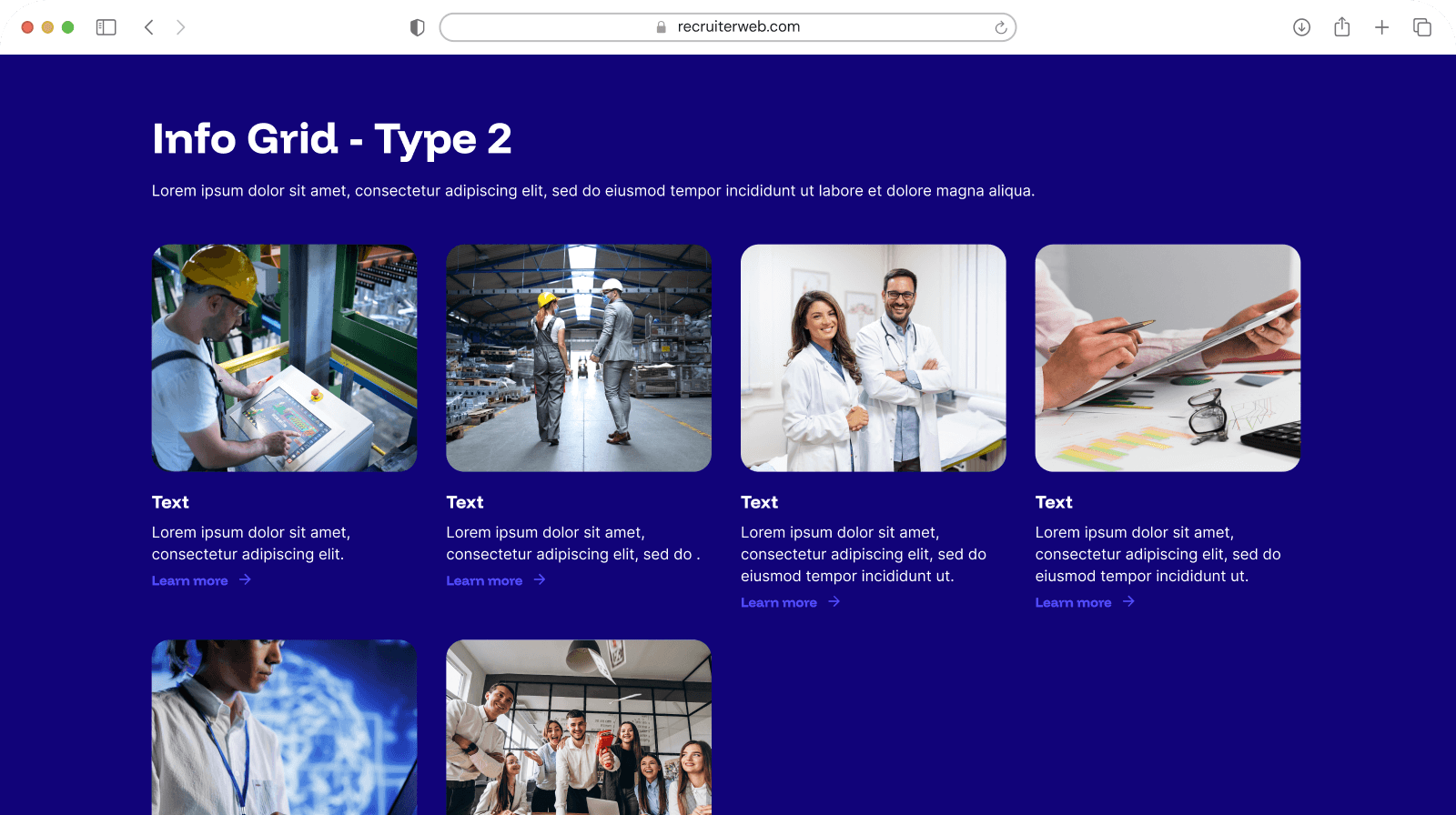 "Info Grid Type 2" widget shown in a browser mockup, indigo color theme