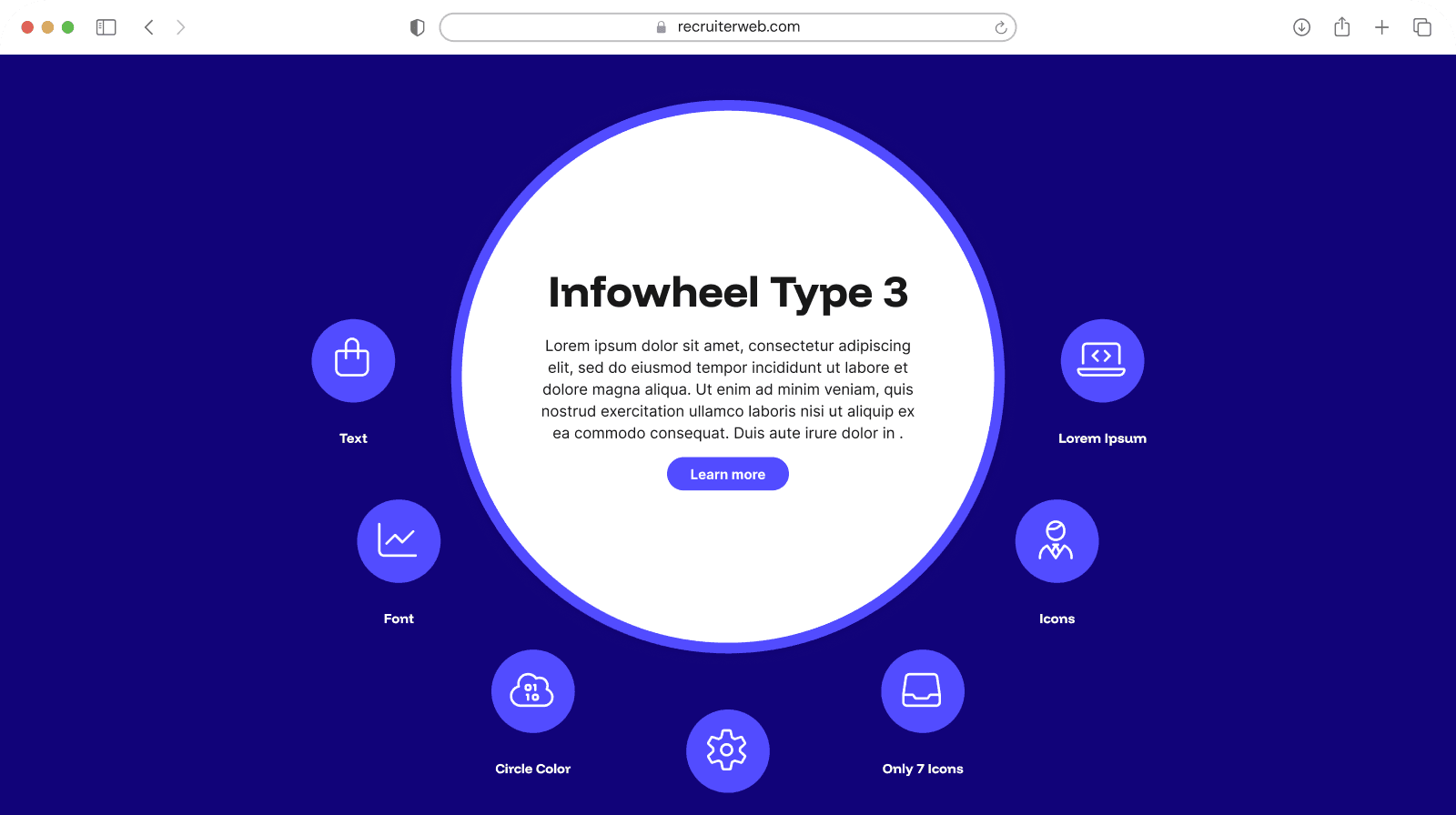 "Infowheel - Type 3" widget shown in a browser mockup, indigo color theme