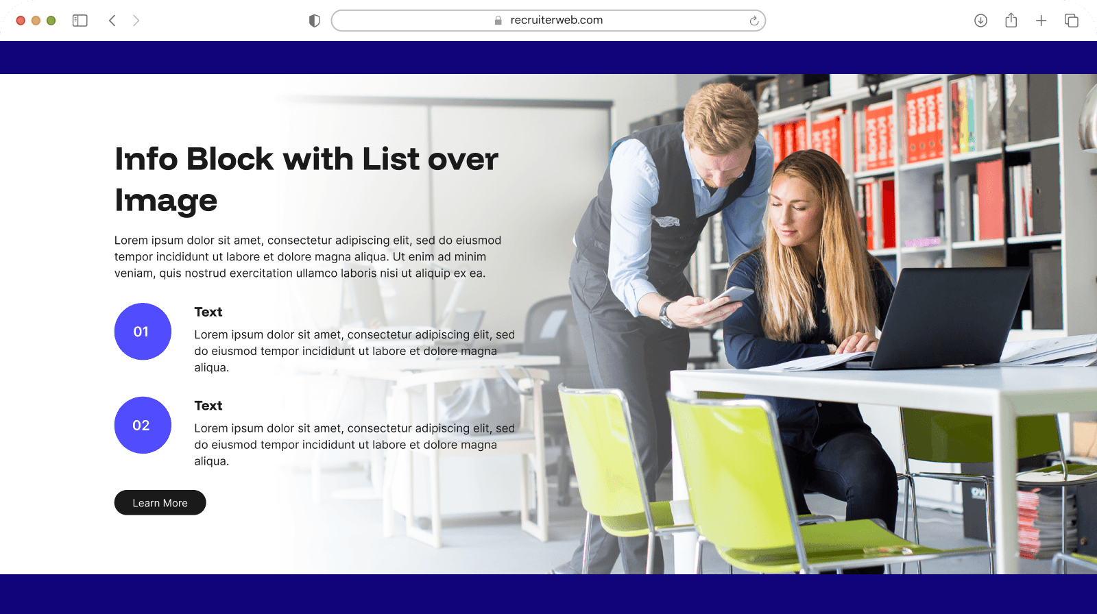 "Info Block with List over Image" widget shown in a browser mockup, indigo color theme