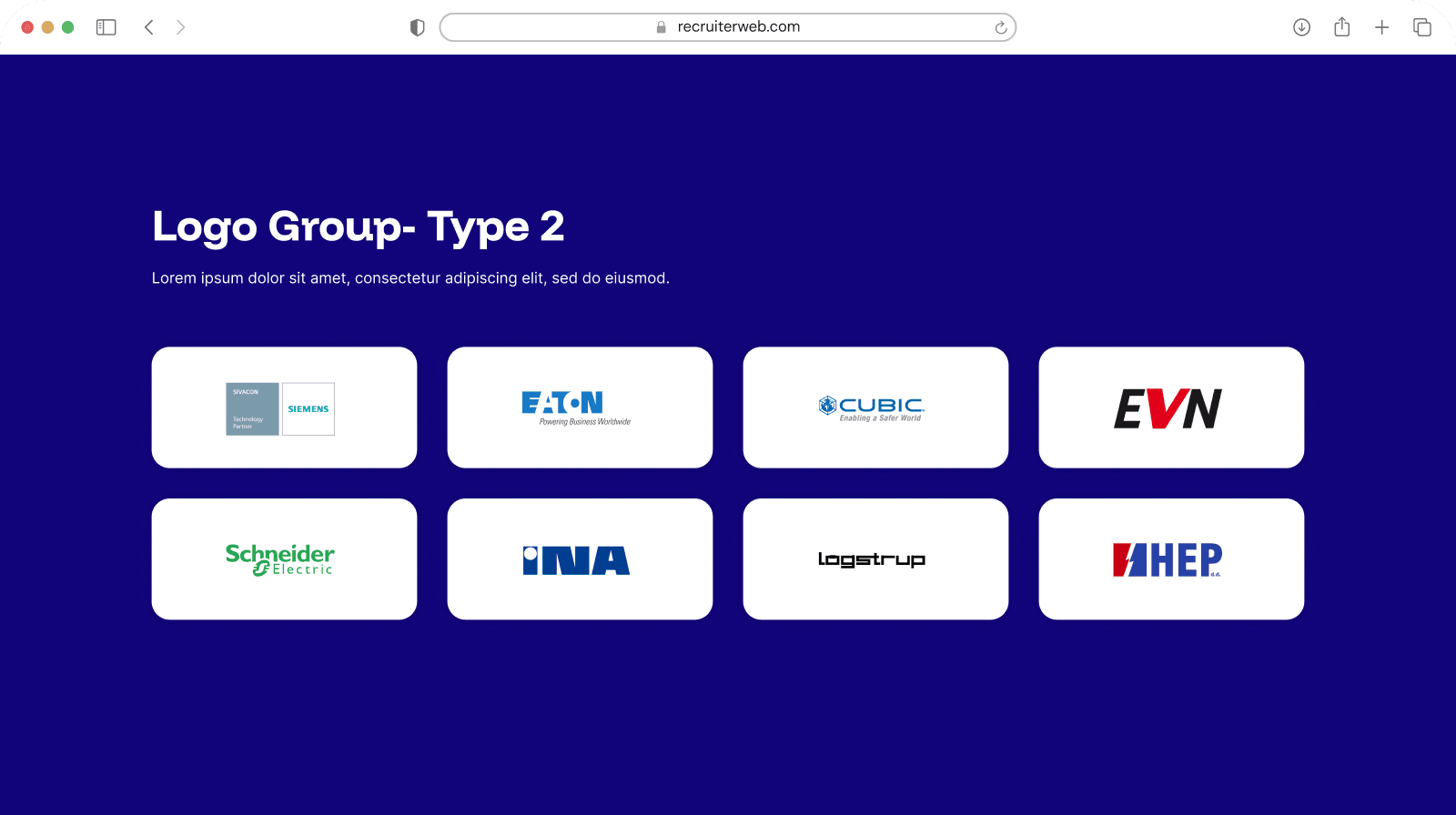 "Logo Group - Type 2" widget shown in a browser mockup, indigo color theme