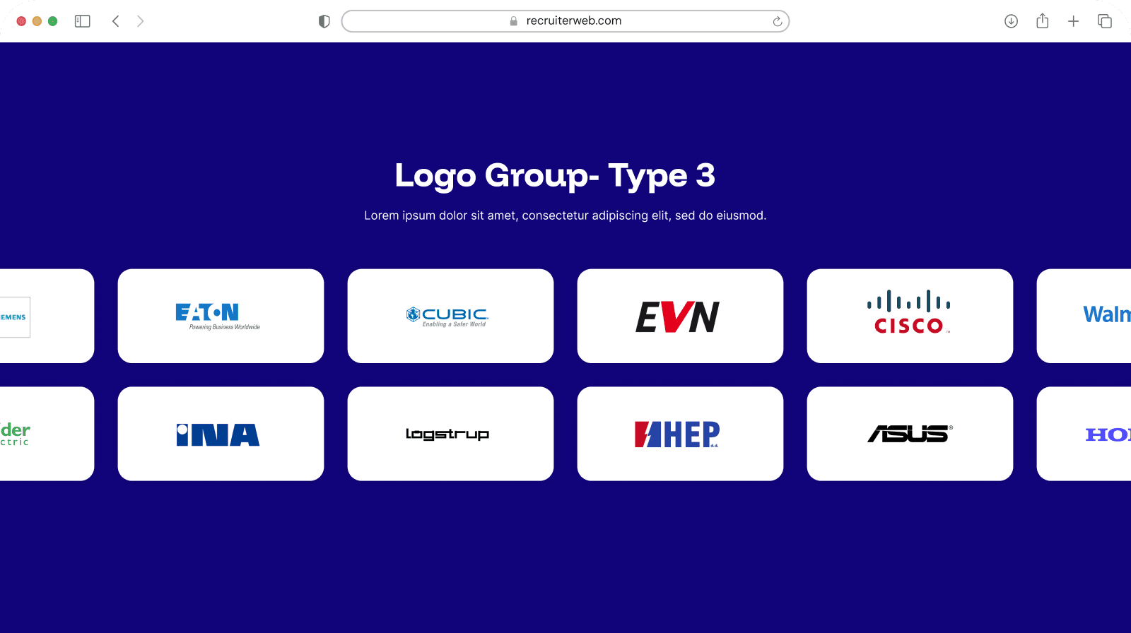 "Logo Group - Type 3" widget shown in a browser mockup, indigo color theme