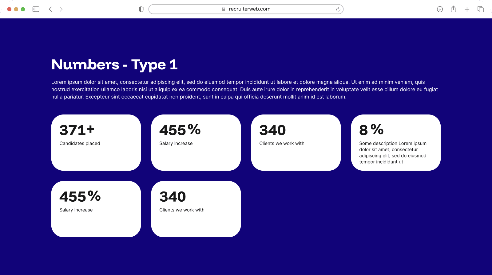 "Numbers Type 1" widget shown in a browser mockup, indigo color theme