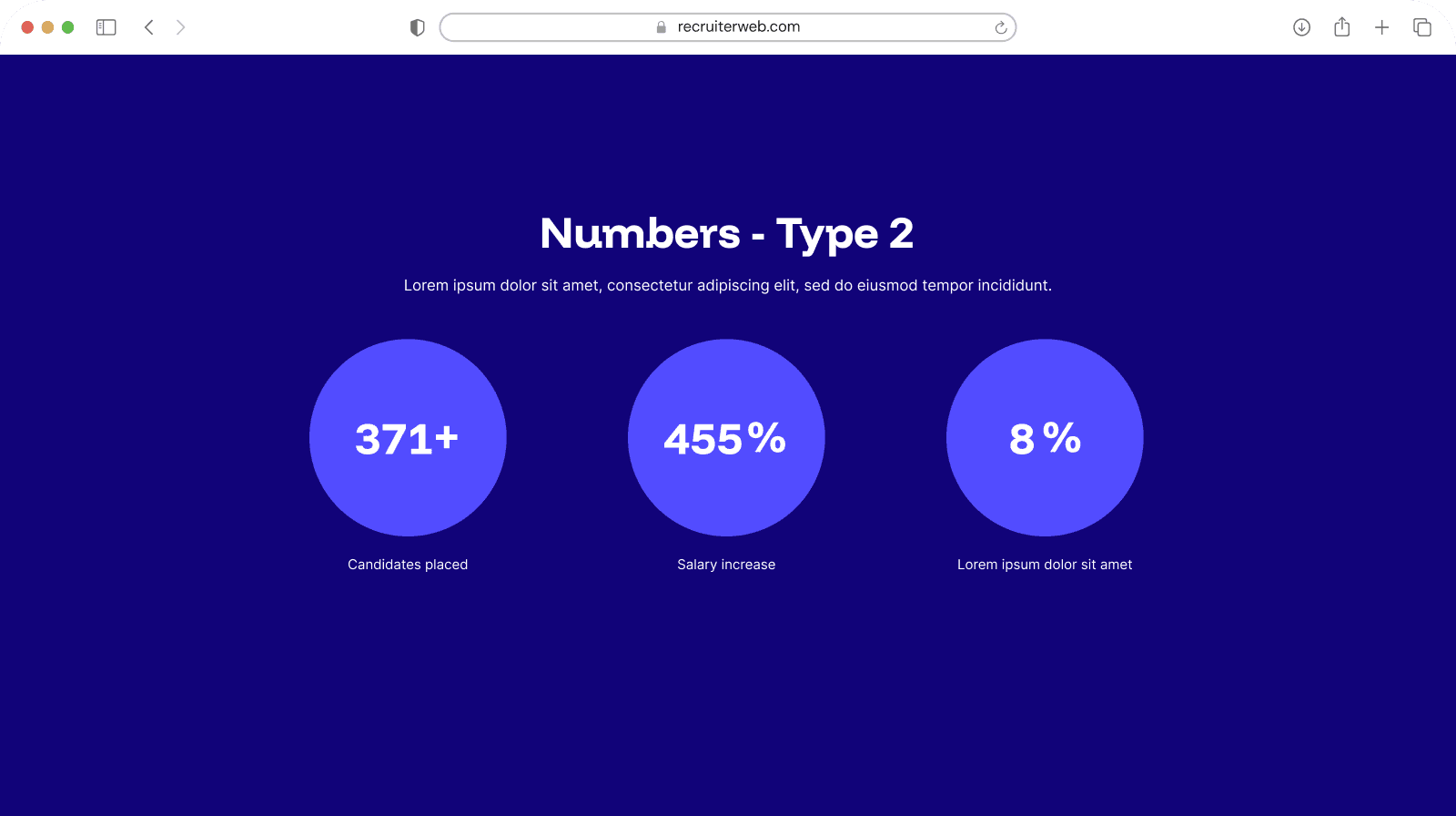 "Numbers Type 2" widget shown in a browser mockup, indigo color theme