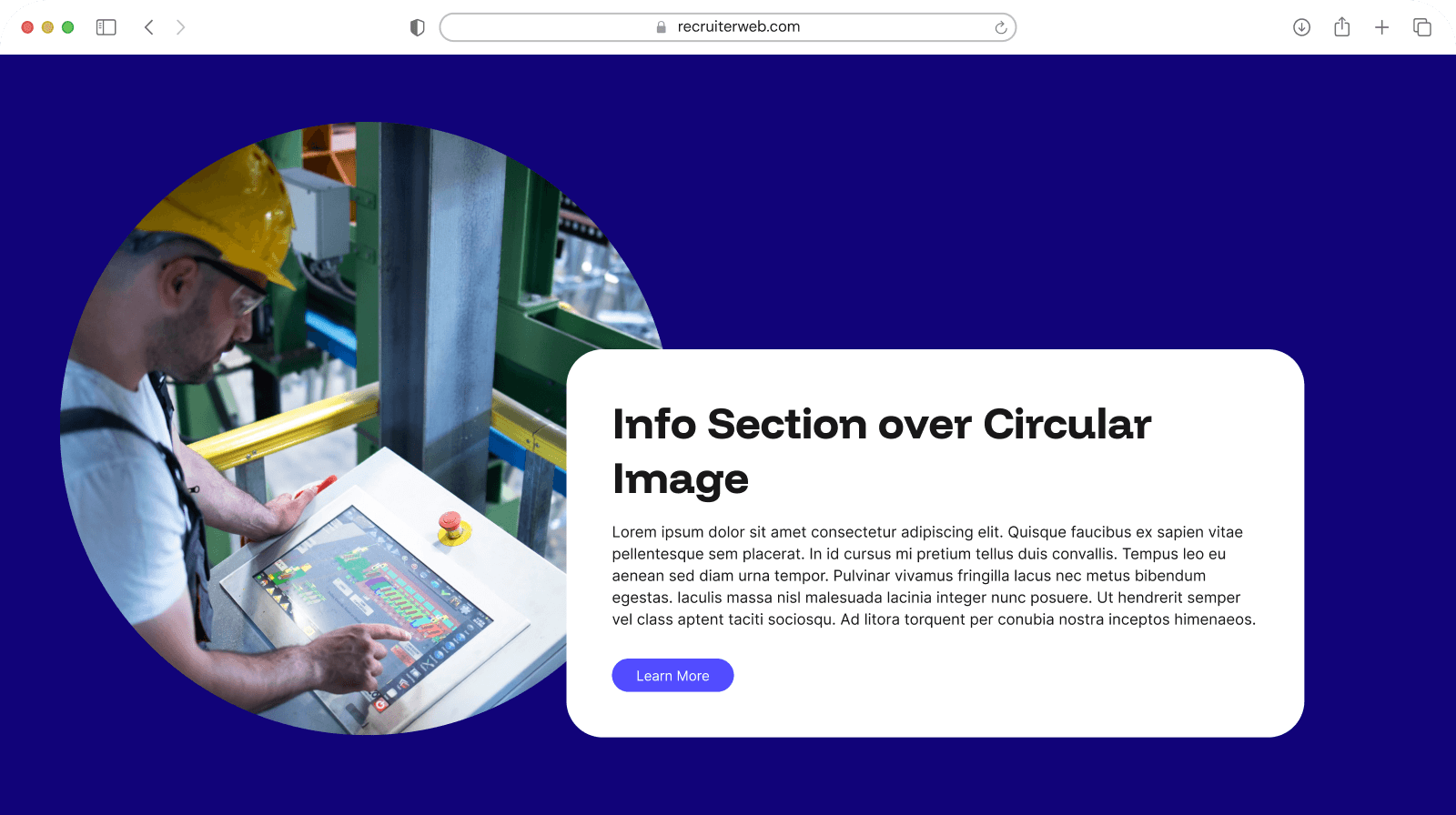 "Info Section over Circular Image" widget shown in a browser mockup, indigo color theme
