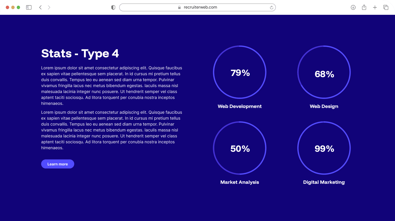 "Stats - Type 4" widget example: circular percentage gauges beside body text
