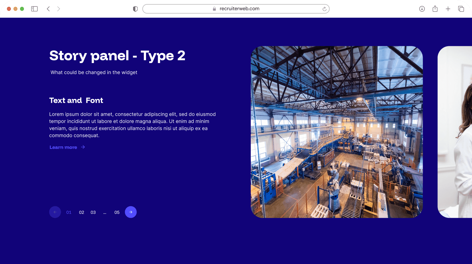 "Story Panel - Type 2" widget example: testimonial card with pagination, alternate layout