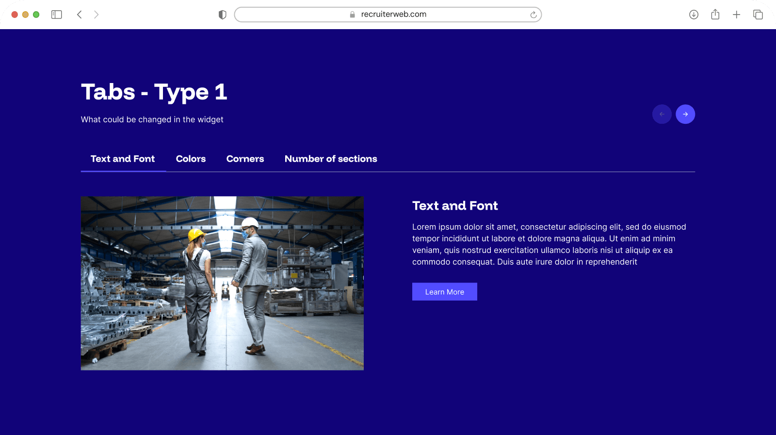 "Tabs - Type 1" widget example: tab navigation with a circular photo and description panel