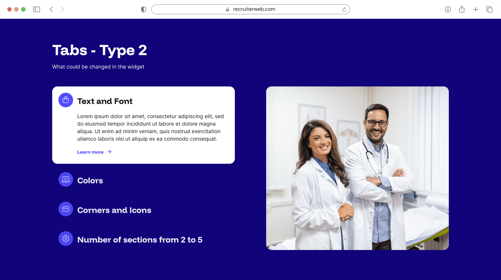 "Tabs - Type 2" widget example: tab navigation beside a photo panel, alternate layout