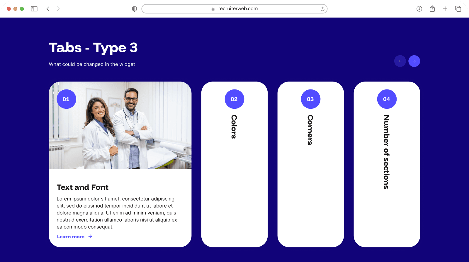 "Tabs - Type 3" widget example: tab navigation beside a photo panel