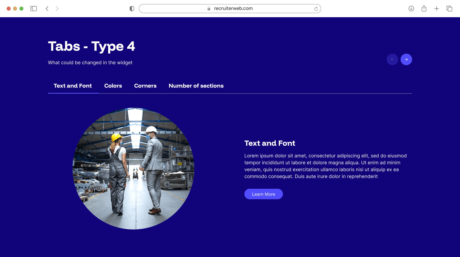 "Tabs - Type 4" widget example: tab navigation listing Text and Font, Colors, Corners, and Number of sections