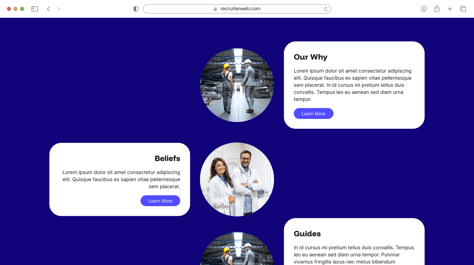 Visual story widget example: staff photo cards paired with Our Why, Beliefs, and Guides text