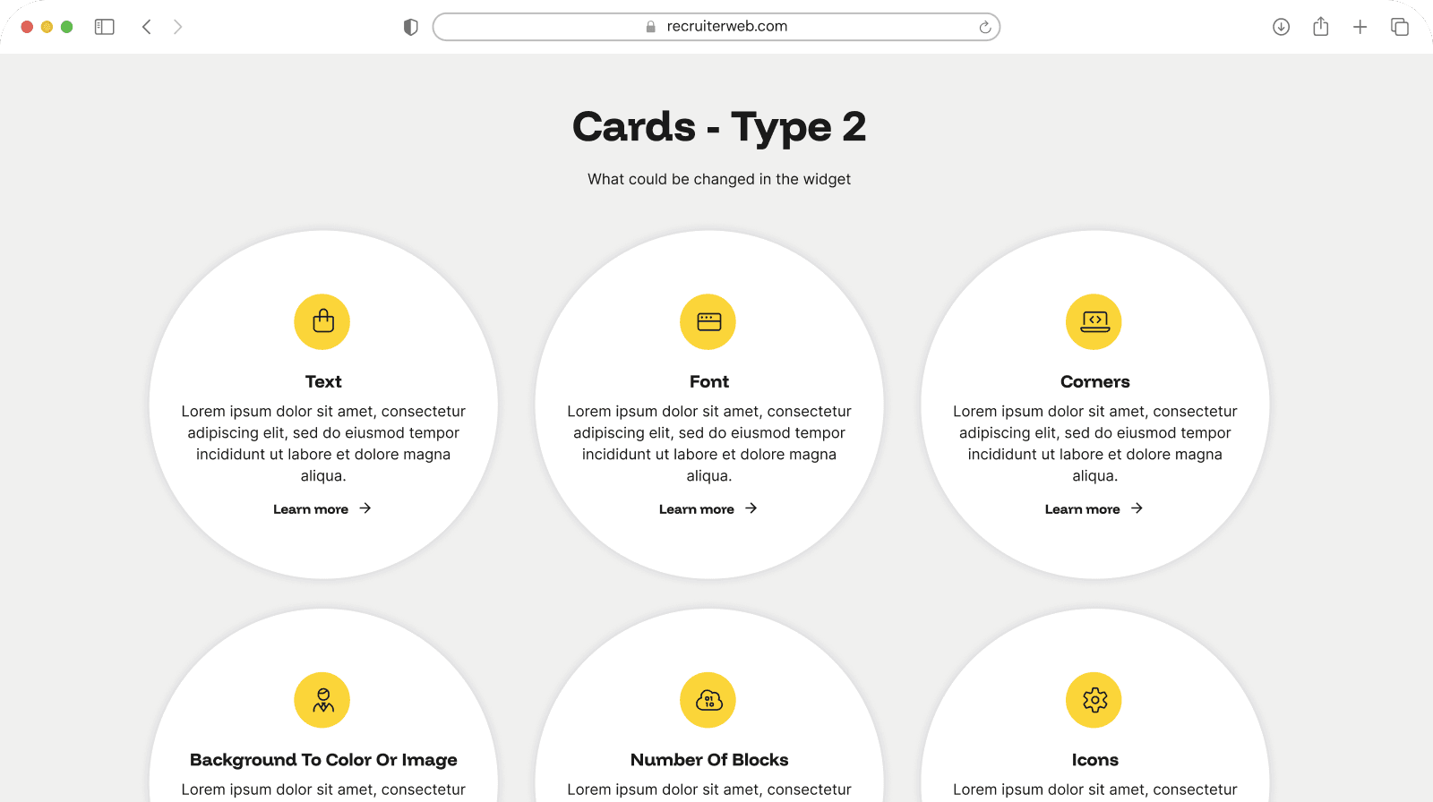 "Cards - Type 2" widget example: grid of icon cards, alternate layout