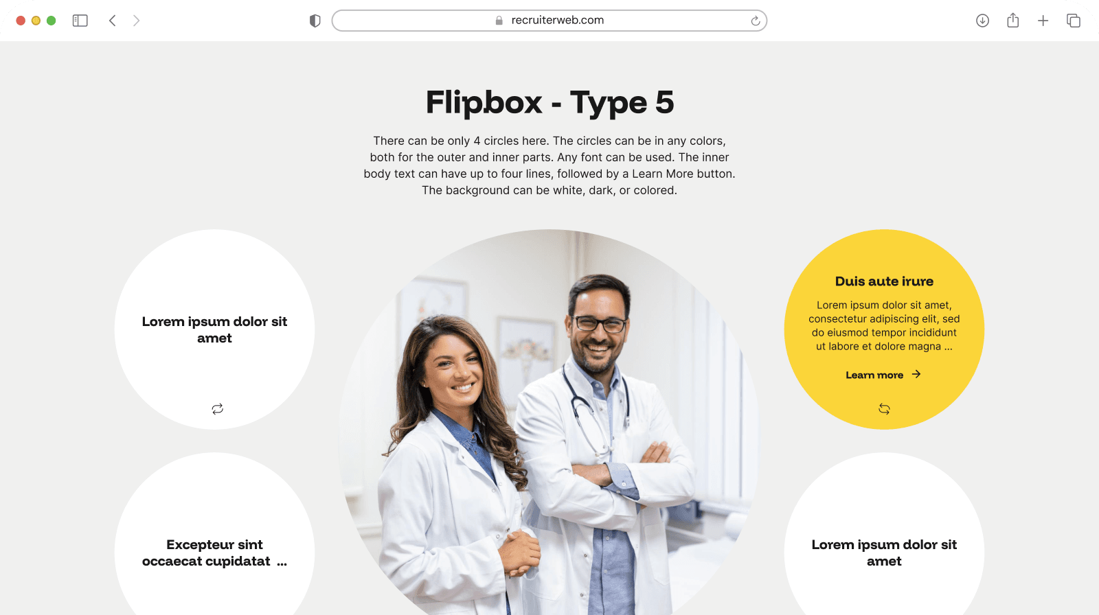 "Flipbox - Type 5" widget example: circles beside a staff photo