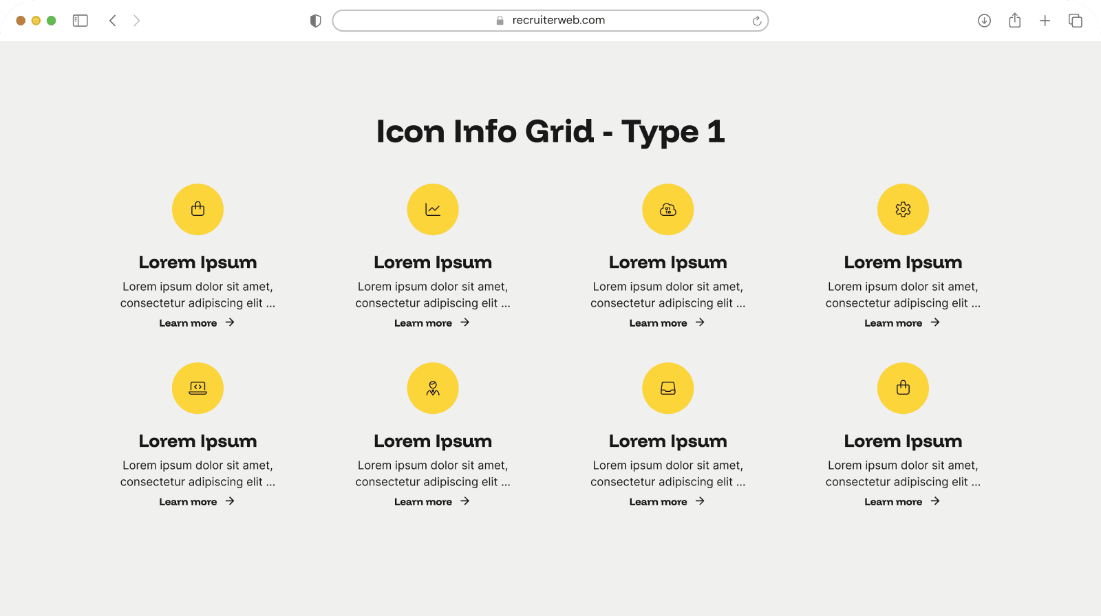 "Icon Info Grid Type 1" widget example: grid of circular gradient icons with Learn more links