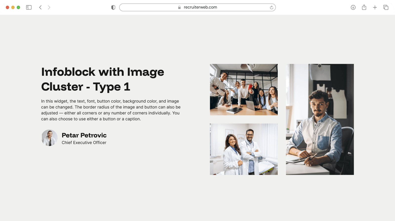 "Image Cluster - Type 1" widget example: circular photo cluster beside text and a staff bio