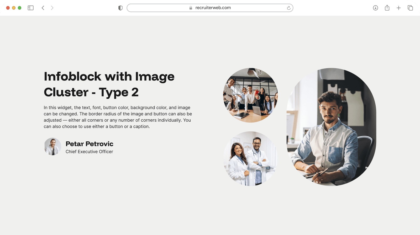 "Image Cluster - Type 2" widget example: square photo cluster beside text and a staff bio