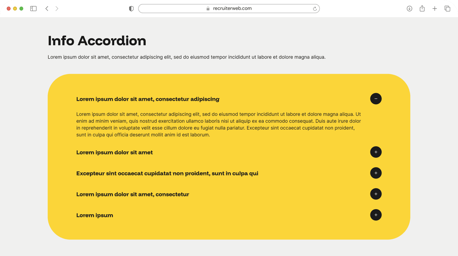 "Info Accordion" widget example: accordion panel with one question expanded