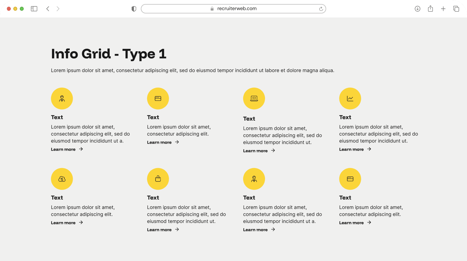 "Info Grid Type 1" widget example: grid of circular gradient icons with title and text