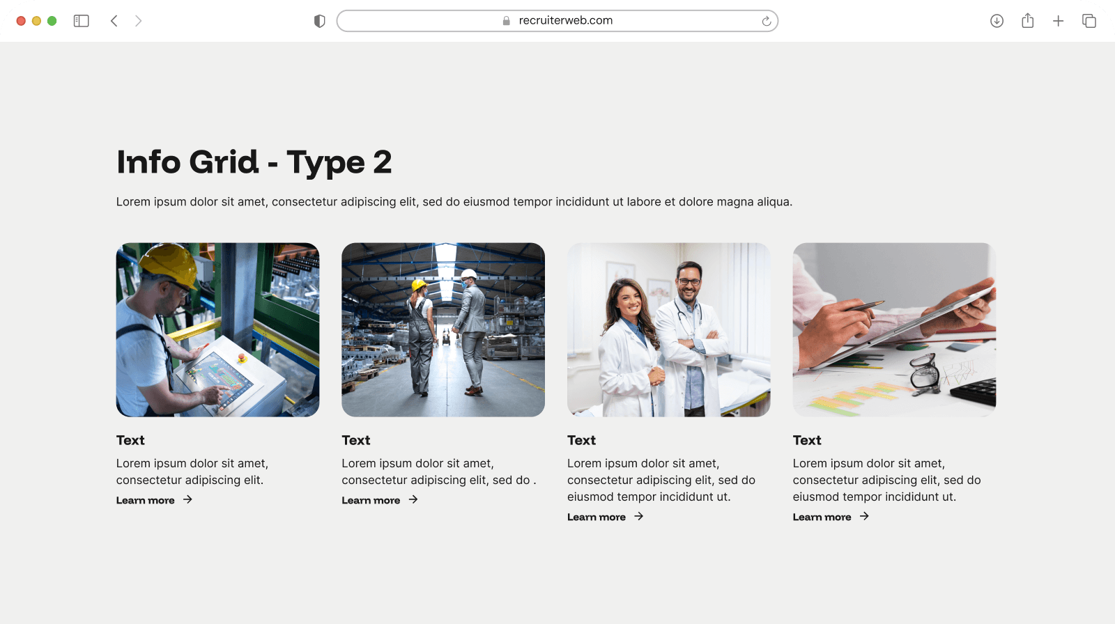 "Info Grid Type 2" widget example: four-item photo and text grid