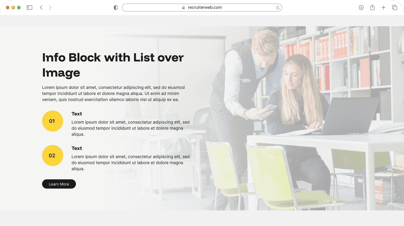 "Info Block with List over Image" widget example: numbered list over a photo