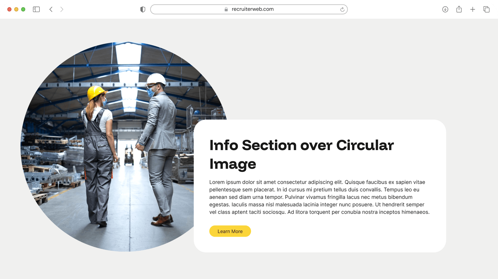 "Info Section over Circular Image" widget example: text panel beside a circular photo