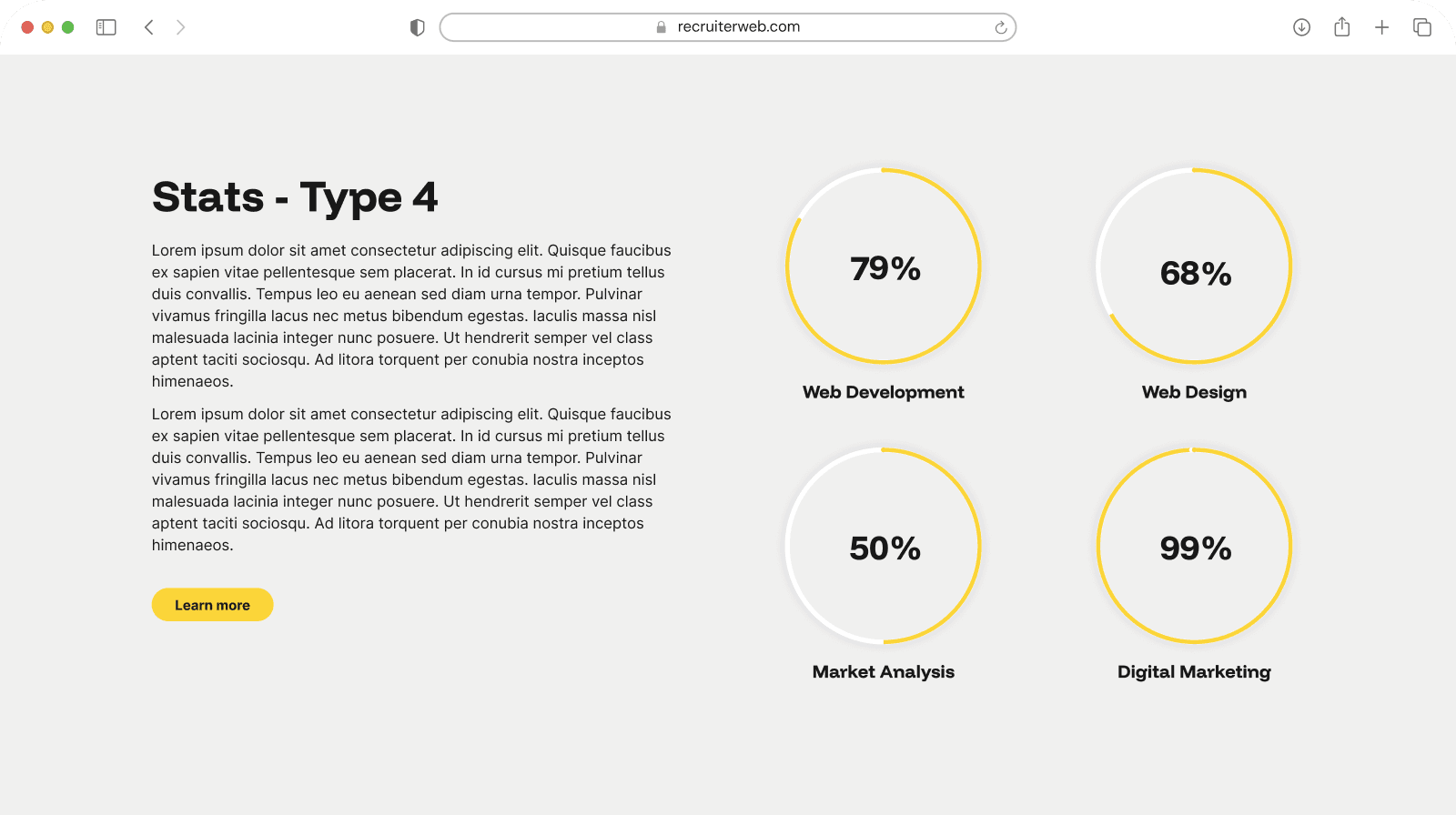 "Stats - Type 4" widget example: circular percentage gauges beside body text