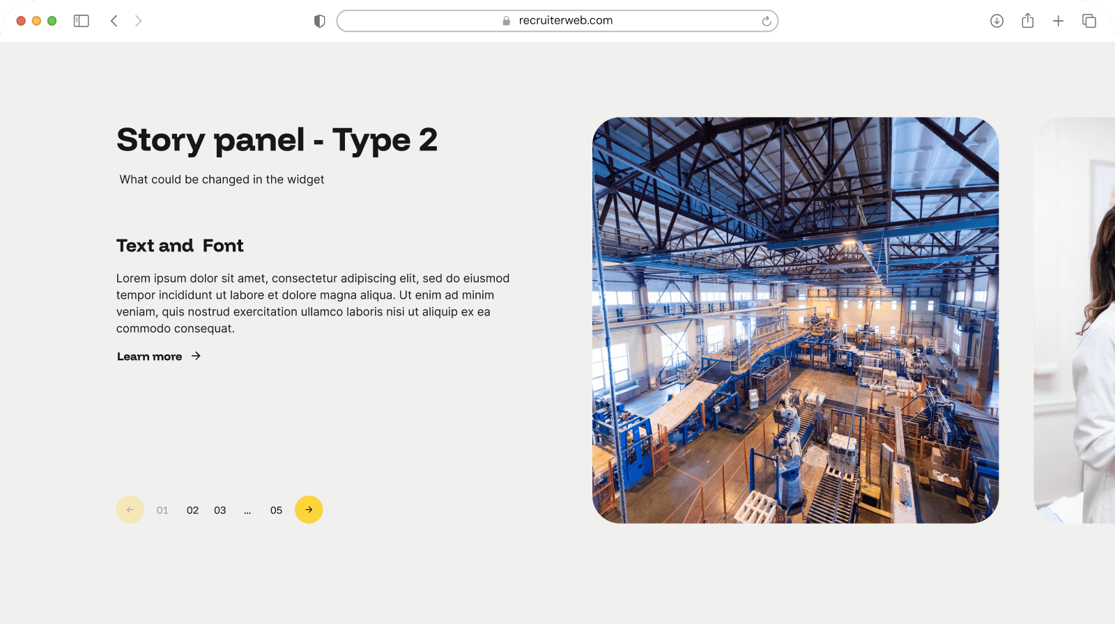 "Story Panel - Type 2" widget example: testimonial card with pagination, alternate layout