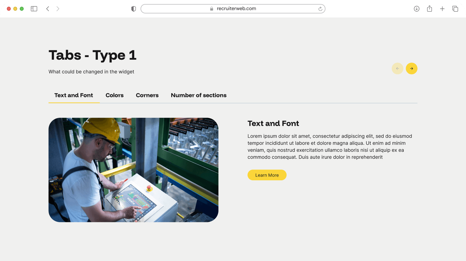 "Tabs - Type 1" widget example: tab navigation with a circular photo and description panel