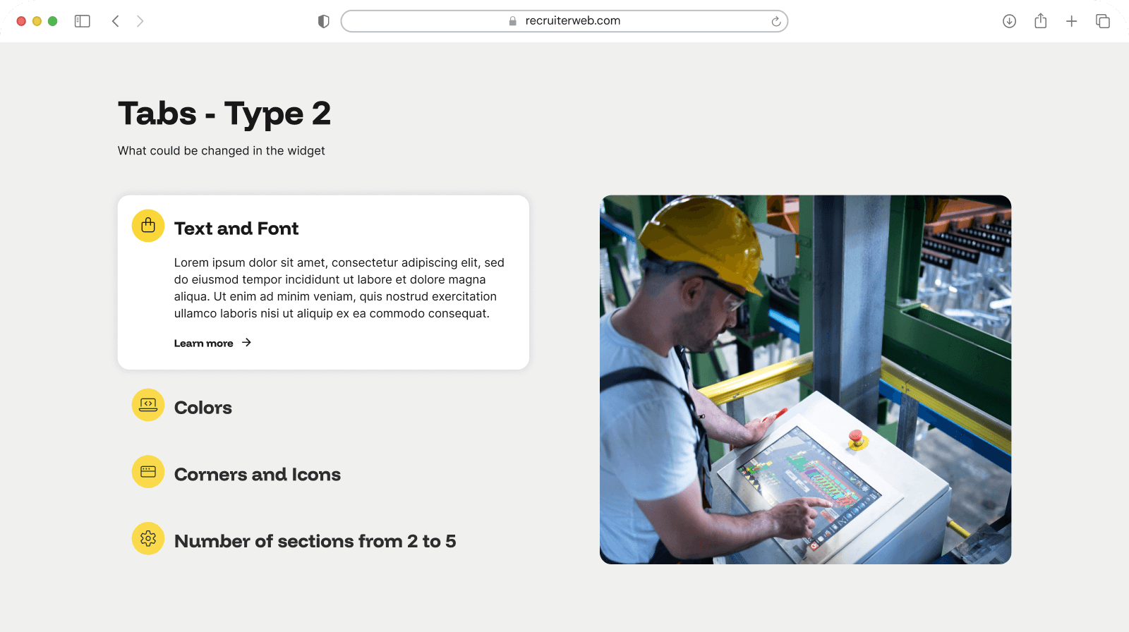 "Tabs - Type 2" widget example: tab navigation beside a photo panel, alternate layout