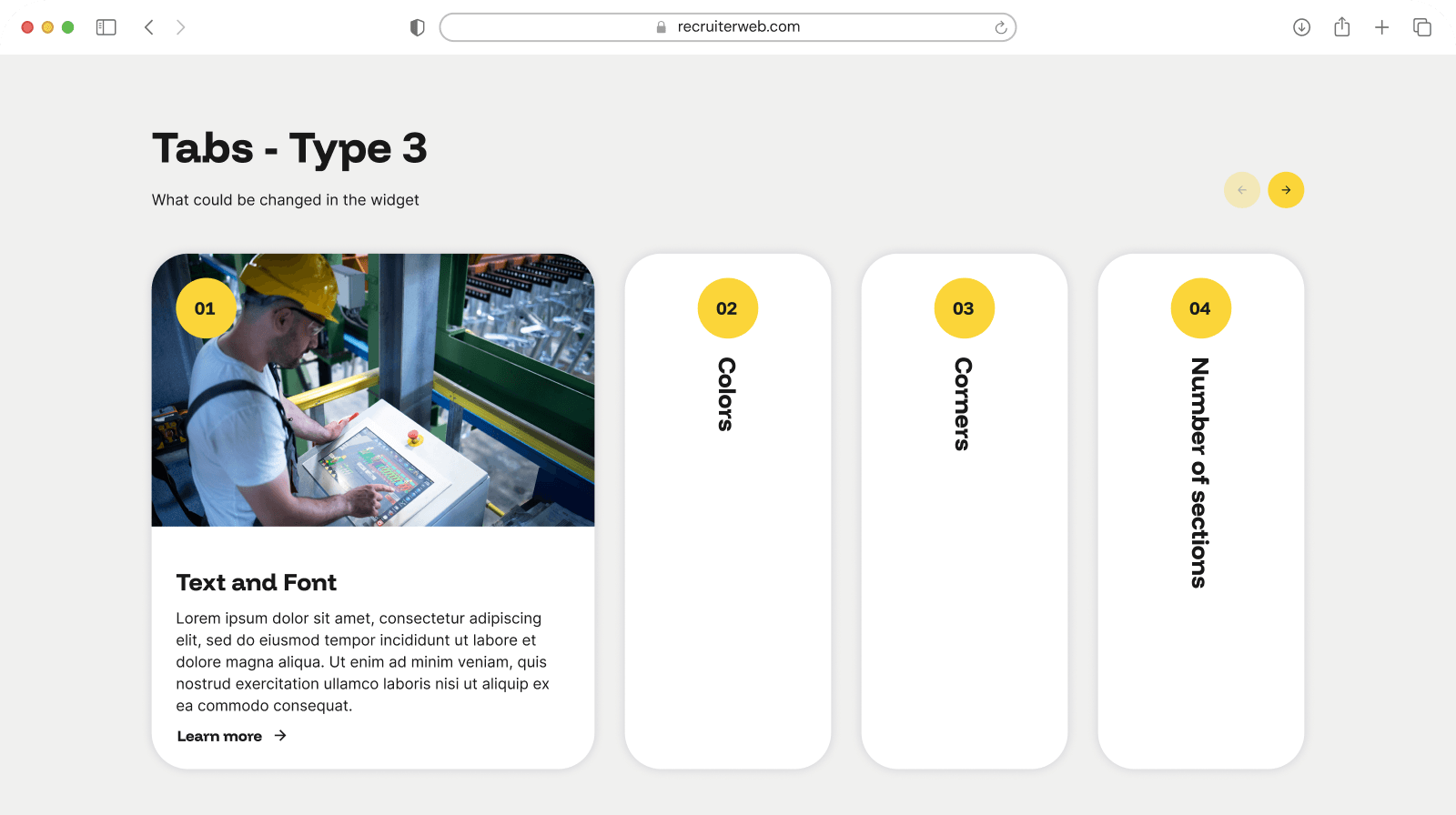 "Tabs - Type 3" widget example: tab navigation beside a photo panel