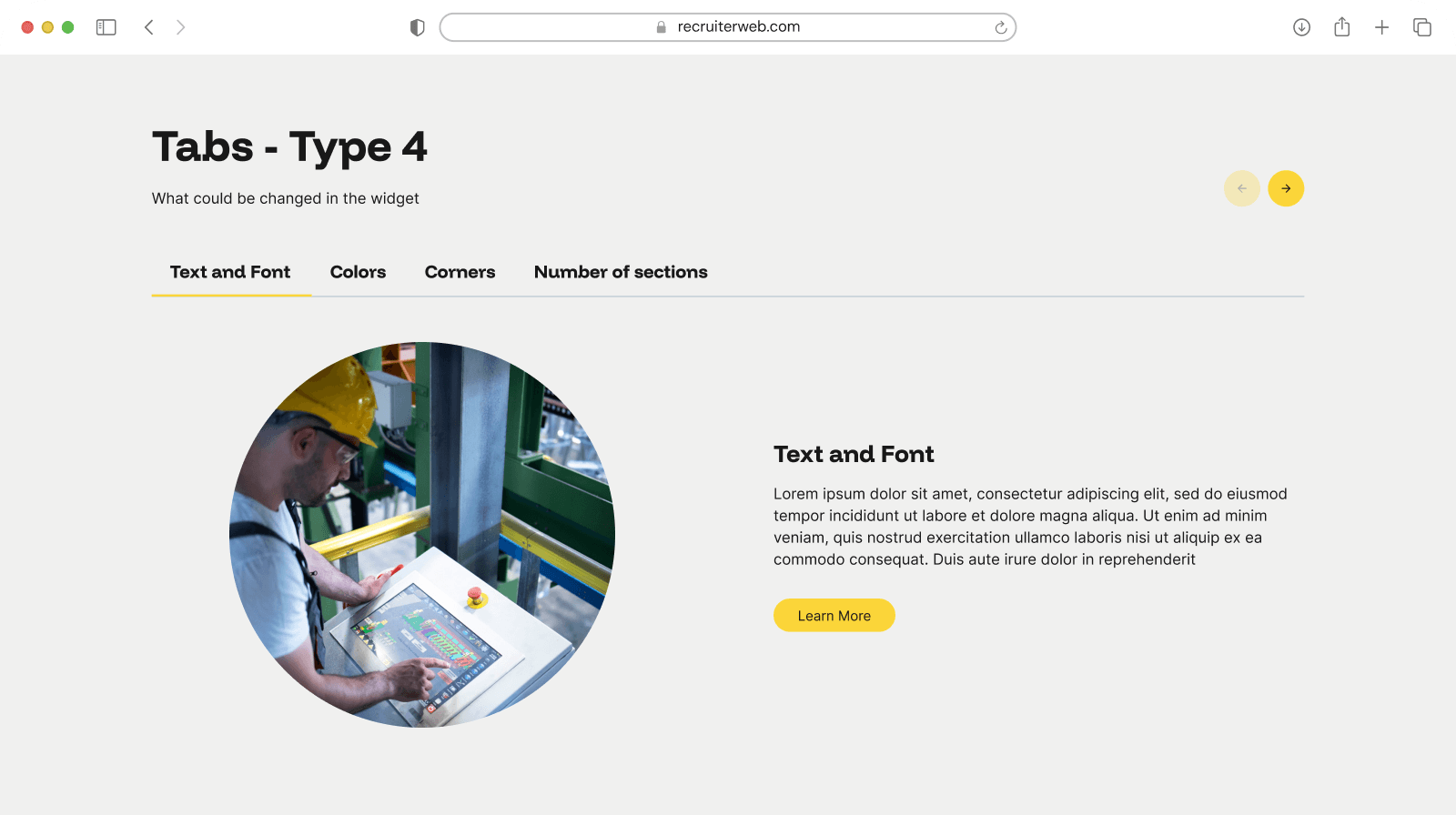 "Tabs - Type 4" widget example: tab navigation listing Text and Font, Colors, Corners, and Number of sections