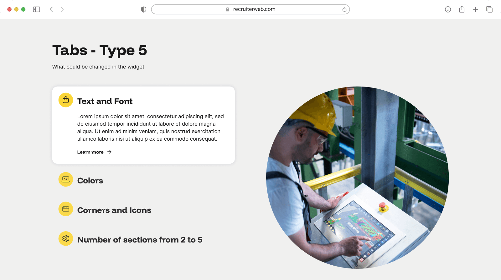 "Tabs - Type 5" widget example: vertical icon tab list beside a circular photo