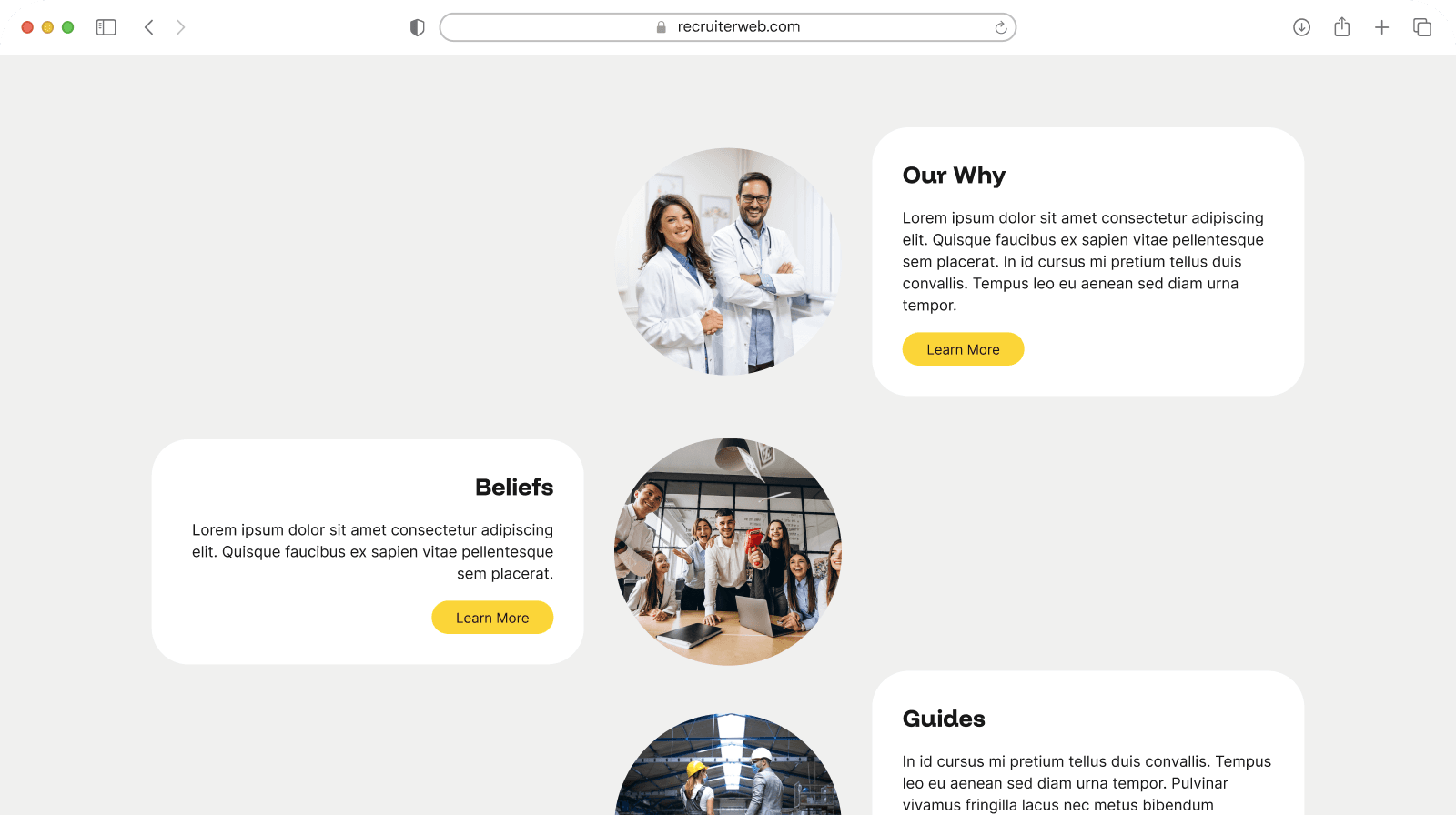 Visual story widget example: staff photo cards paired with Our Why, Beliefs, and Guides text