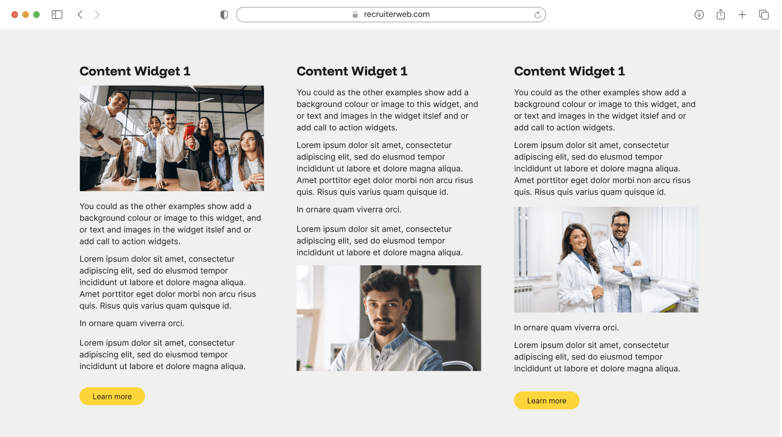 Content widget example: two-column cards pairing photos with heading and body text