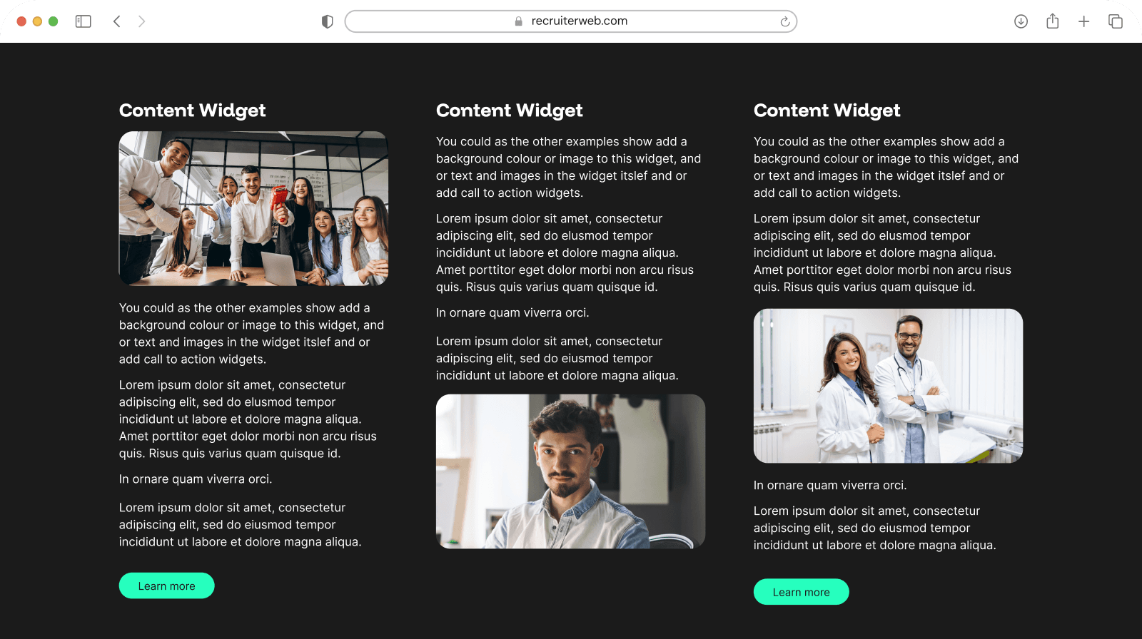 Content widget example: two-column cards pairing photos with heading and body text