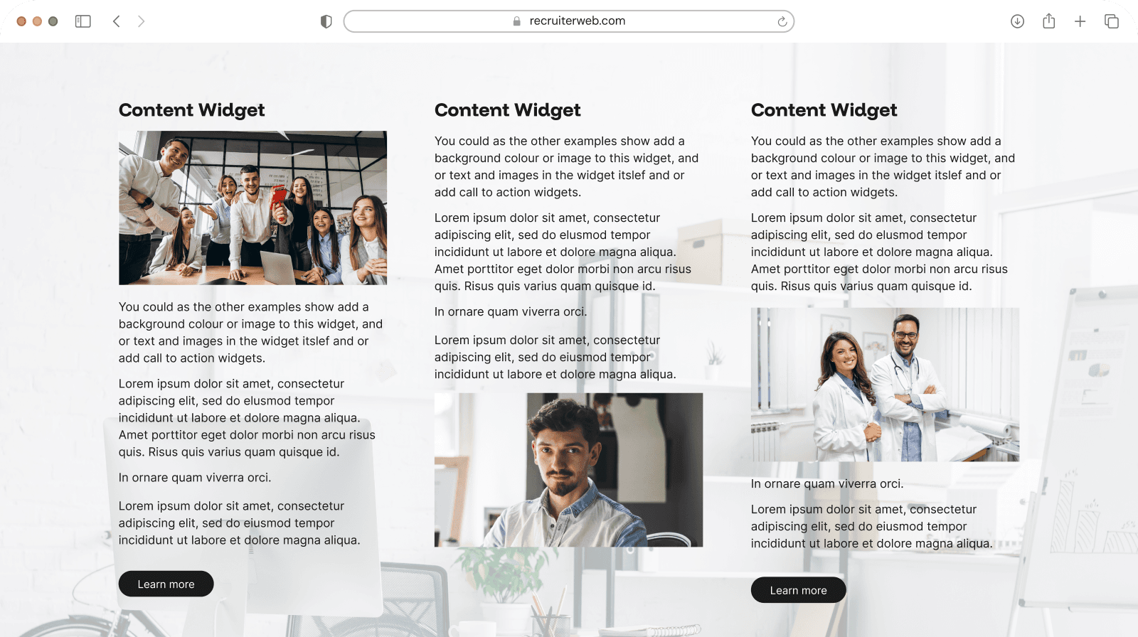 Content widget example: two-column cards pairing photos with heading and body text