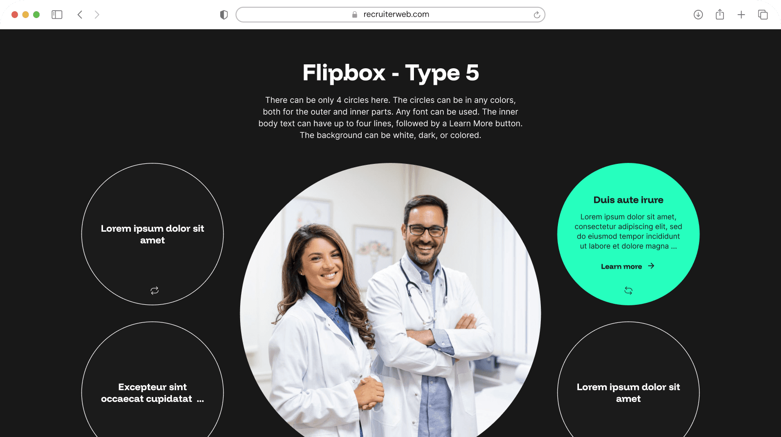 "Flipbox - Type 5" widget example: circles beside a staff photo