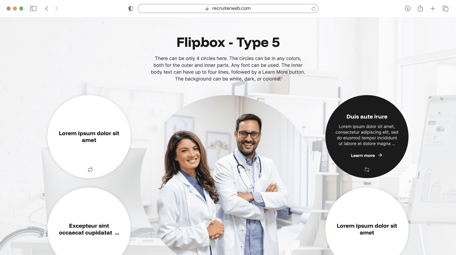 "Flipbox - Type 5" widget example: circles beside a staff photo