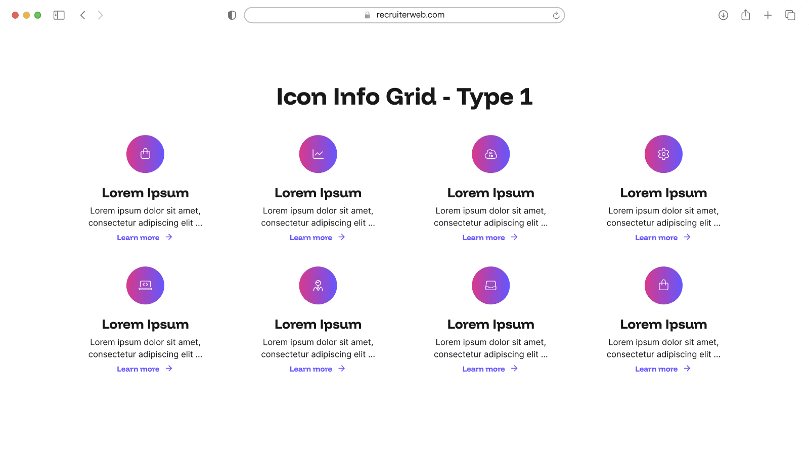 "Icon Info Grid Type 1" widget example: grid of circular gradient icons with Learn more links